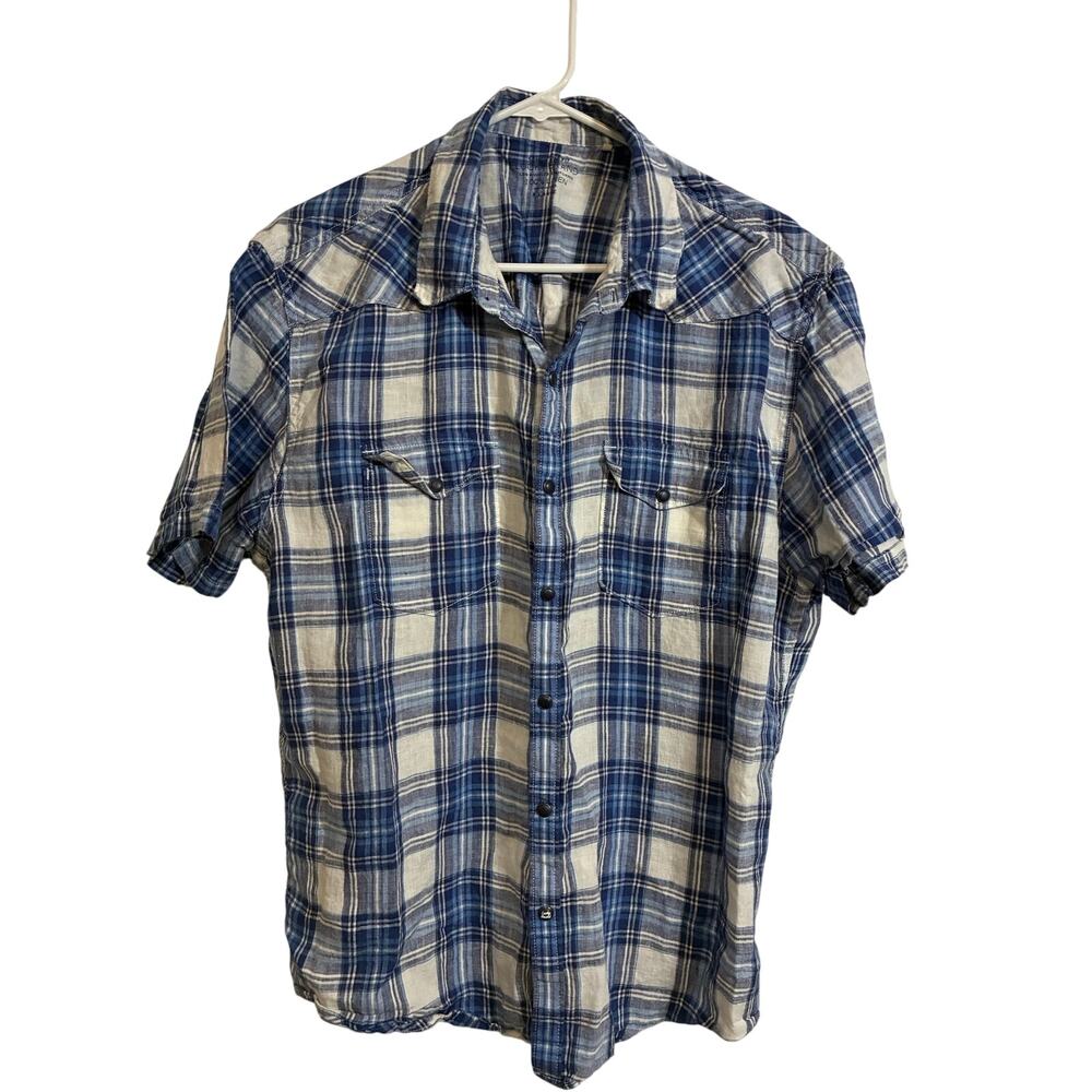 Lucky Brand Mens XL 100 Linen Blue Plaid Western Pearl Snap Shirt Short Sleeve